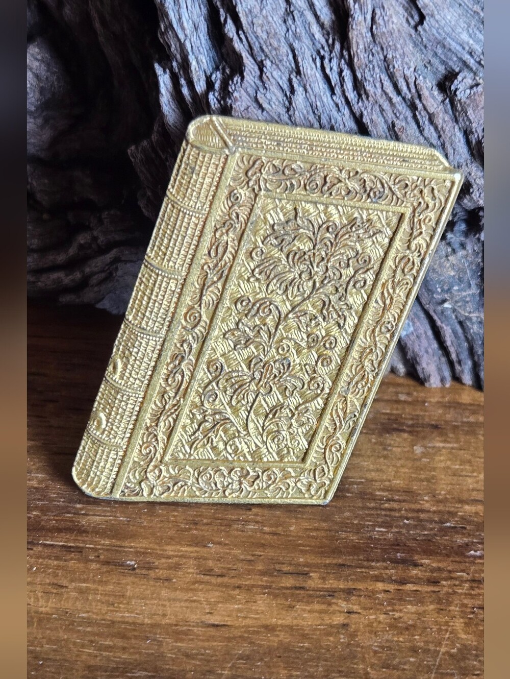 Vintage PEM Miniature Book Brooch Gold Tone Embossed Floral Book Pin Novelty